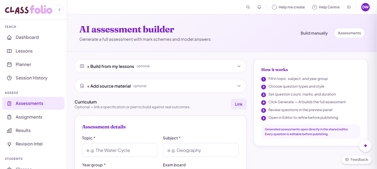 Screenshot of Classfolio's AI Assessment Builder screen — generates a complete assessment from a topic brief or an uploaded document, or creates a similar-style variation of an assessment you already have.