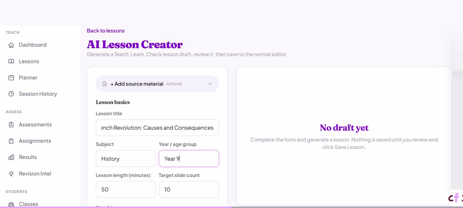 Screenshot of Classfolio's AI Lesson Creator screen — generates a complete interactive lesson from a form: title, subject, year group, lesson length, ability level, preferred activity types, and optional source material.