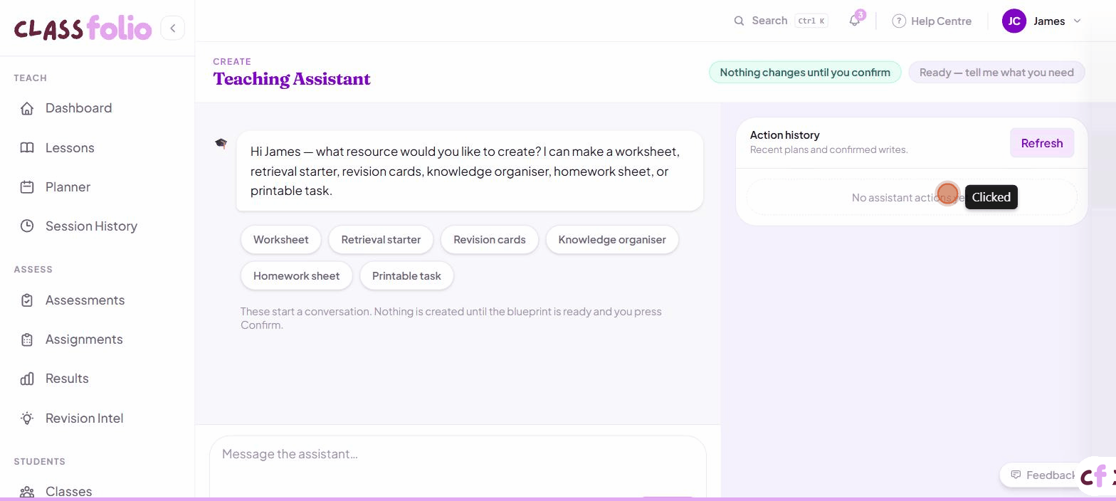 Screenshot of Classfolio's AI Resource Builder screen — a shared AI generator behind every resource type — Worksheets, Knowledge Organisers, Revision Cards, Retrieval Starters, and Flashcard Decks.