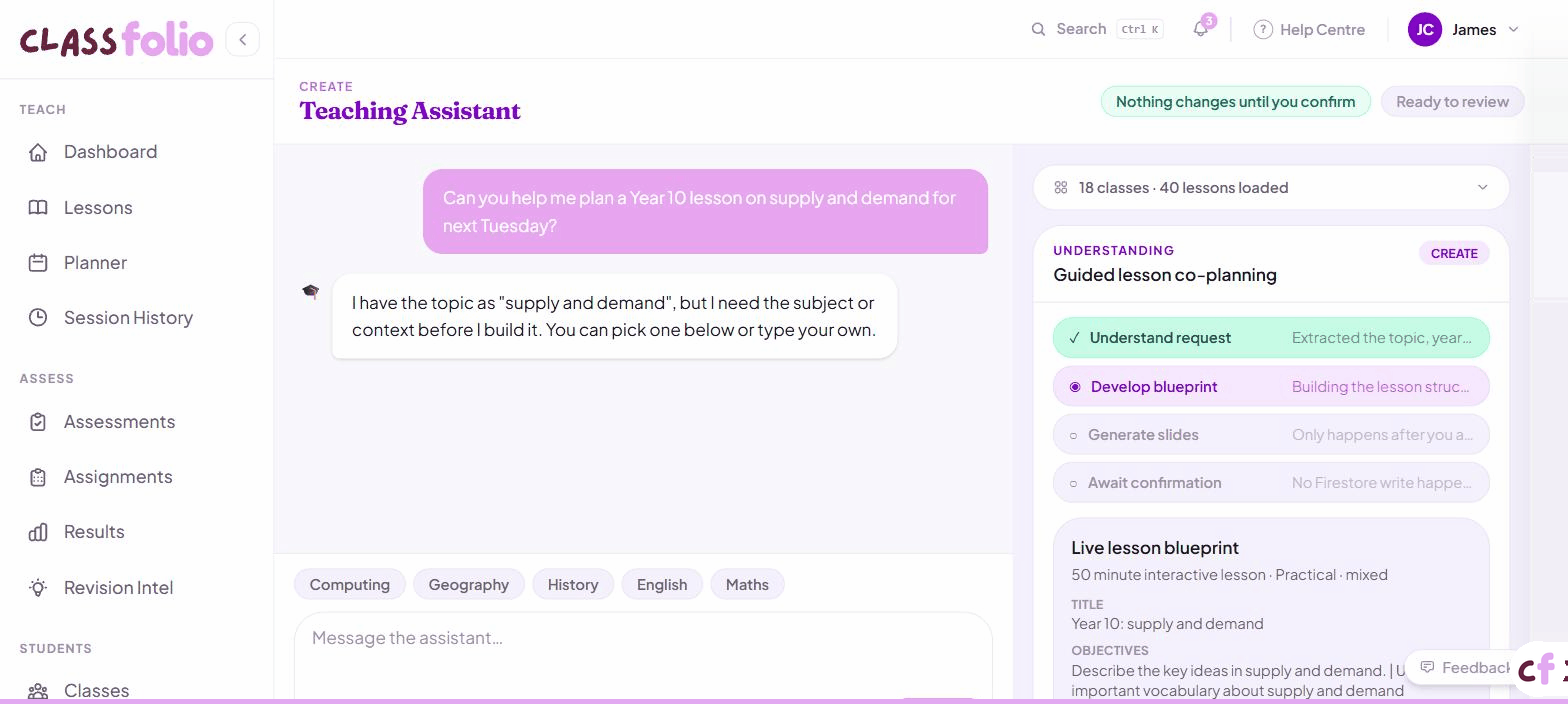 Screenshot of Classfolio's AI Teaching Assistant screen — a conversational AI planning assistant.