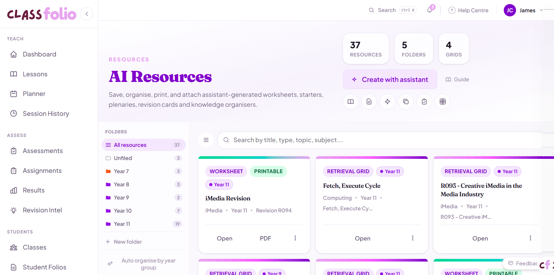 Screenshot of Classfolio's AI Tools Hub screen — navigation hub listing all AI-powered tools: Lesson Creator, Teaching Assistant, Assignment Creator, and Assessment Generator.