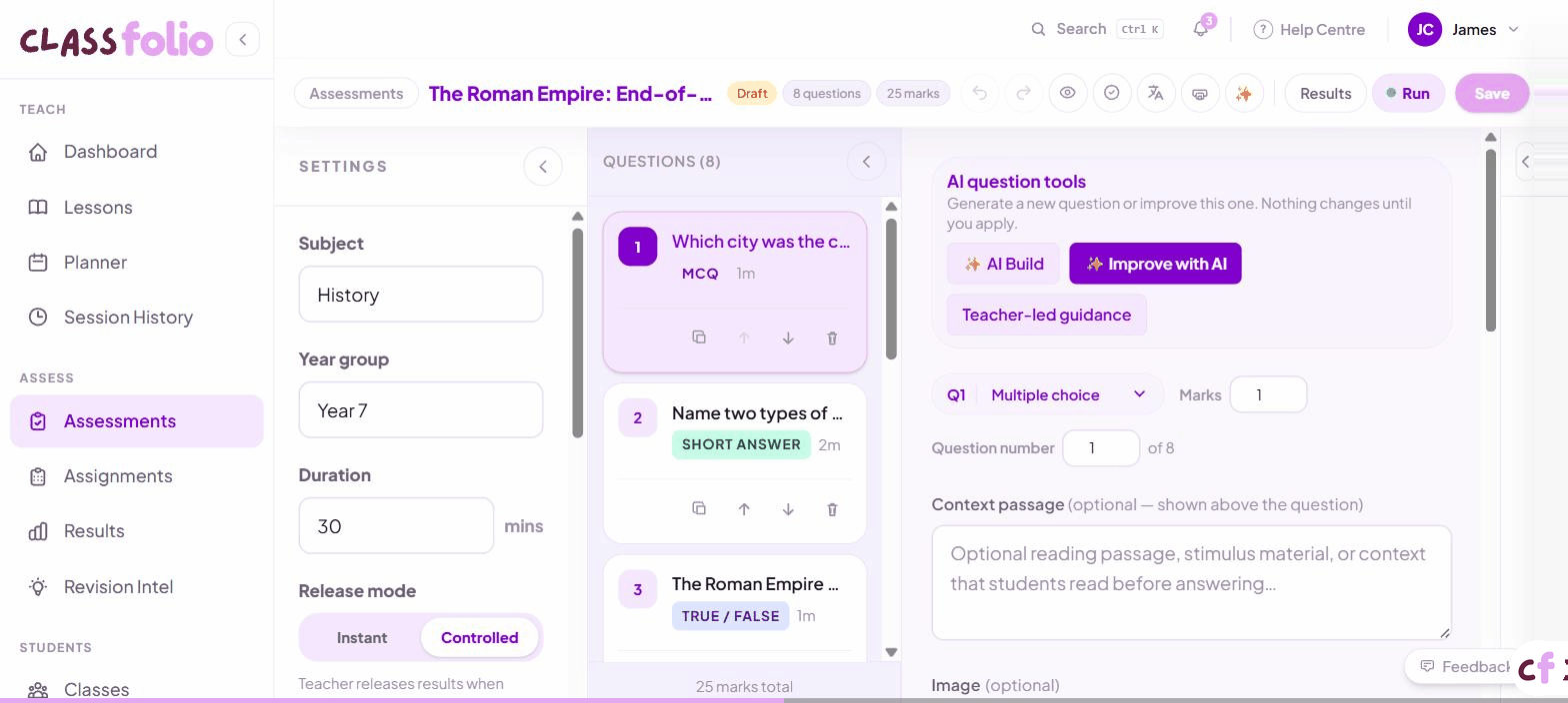 Screenshot of Classfolio's Assessment Builder screen — question-by-question assessment editor supporting 12 question types including MCQ, true/false, short answer, extended response, fill-the-gaps, match pairs, and more.