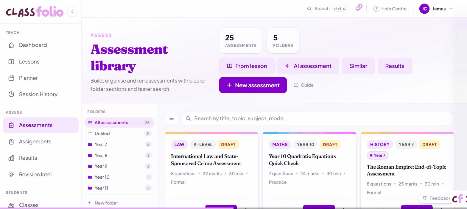 Screenshot of Classfolio's Assessments Library screen — your main assessment library.