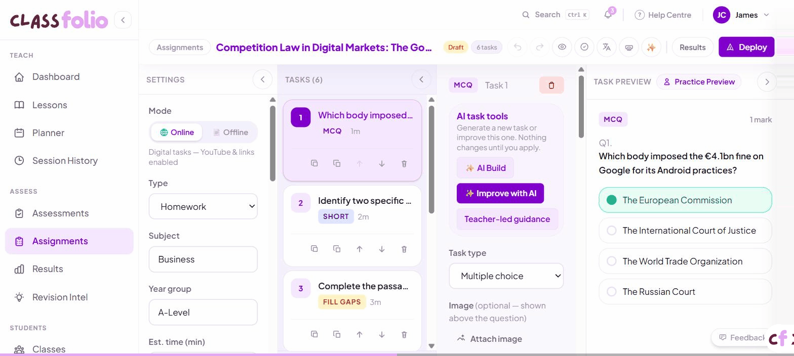 Screenshot of Classfolio's Assignment Editor screen — multi-task assignment editor supporting 13+ task types including written, MCQ, short answer, fill-the-gaps, match pairs, diamond 9, and retrieval grids.