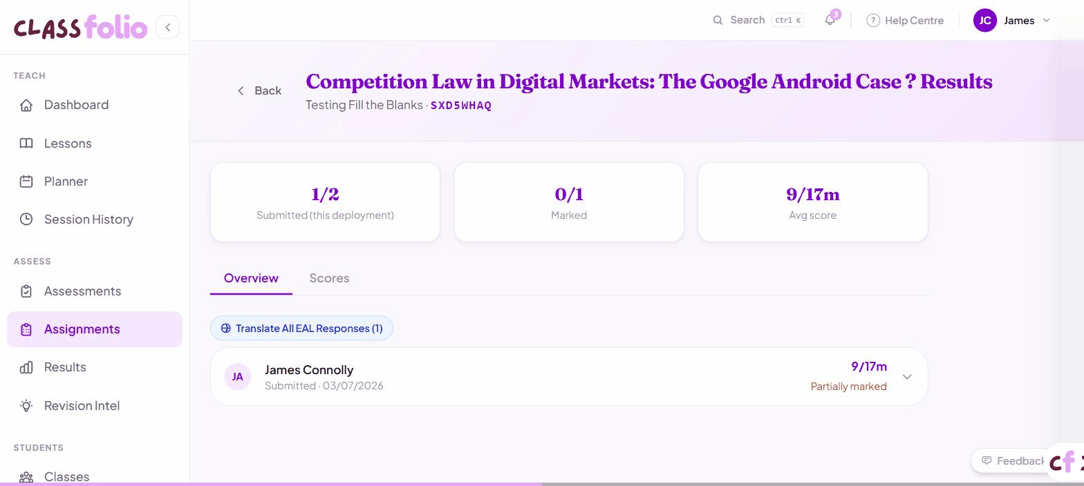 Screenshot of Classfolio's Assignment Results screen — shows submission-level results for a deployed assignment.