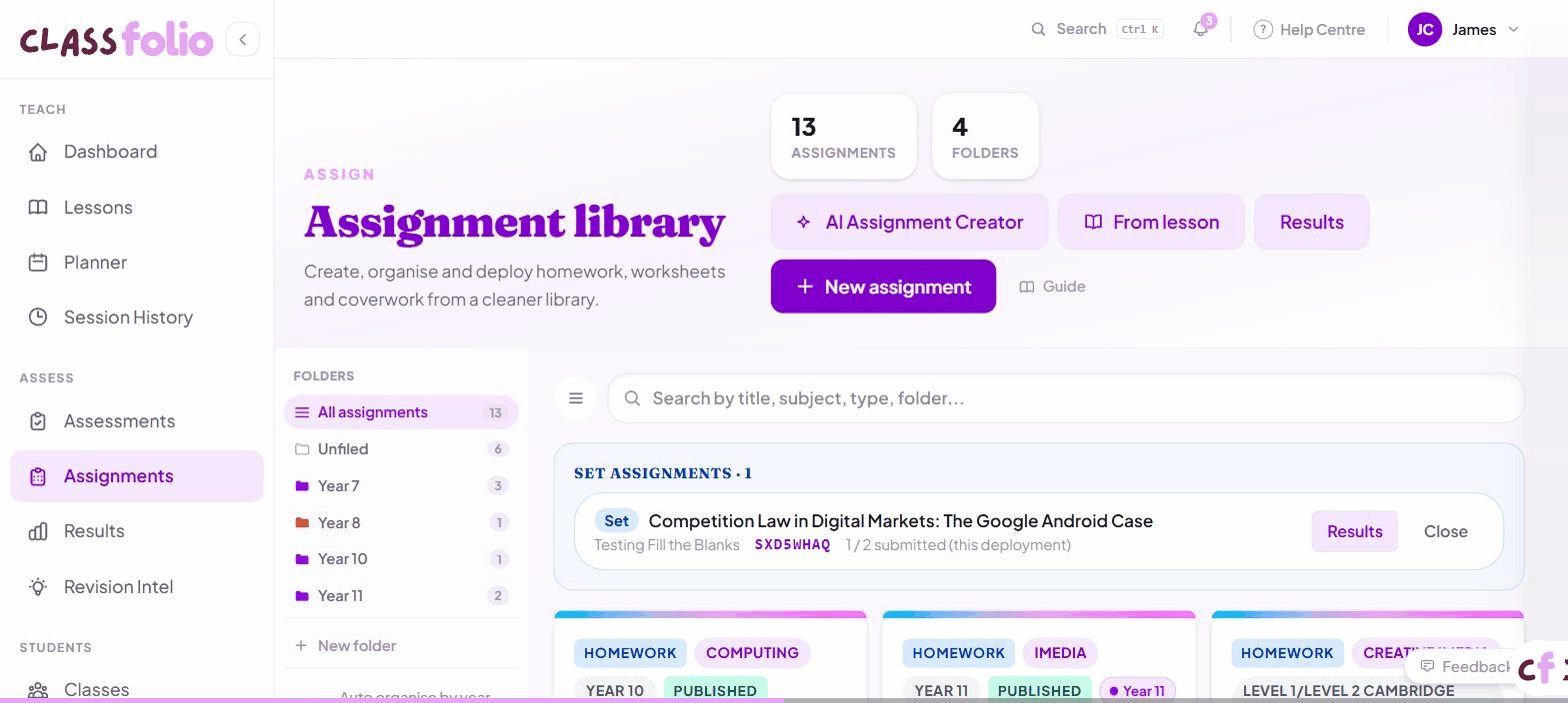 Screenshot of Classfolio's Assignments Library screen — your main assignment library.