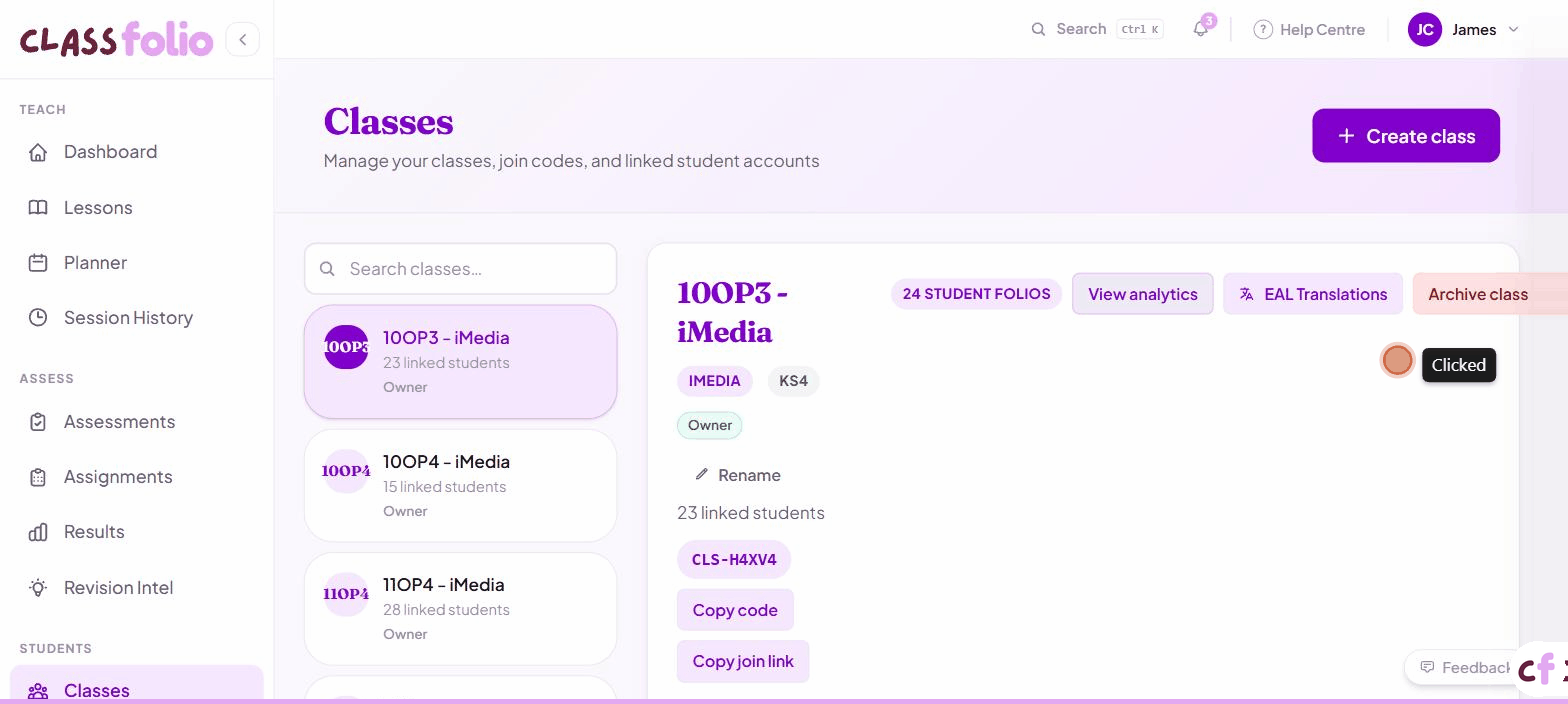 Screenshot of Classfolio's Class Analytics screen — deep analytics for a class across lessons, assessments, assignments, and questionnaires.