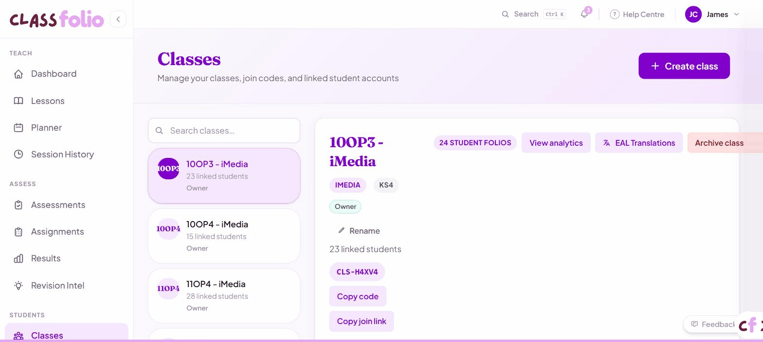 Screenshot of Classfolio's Classes screen — lists all your classes with student count, join code, and archive status.