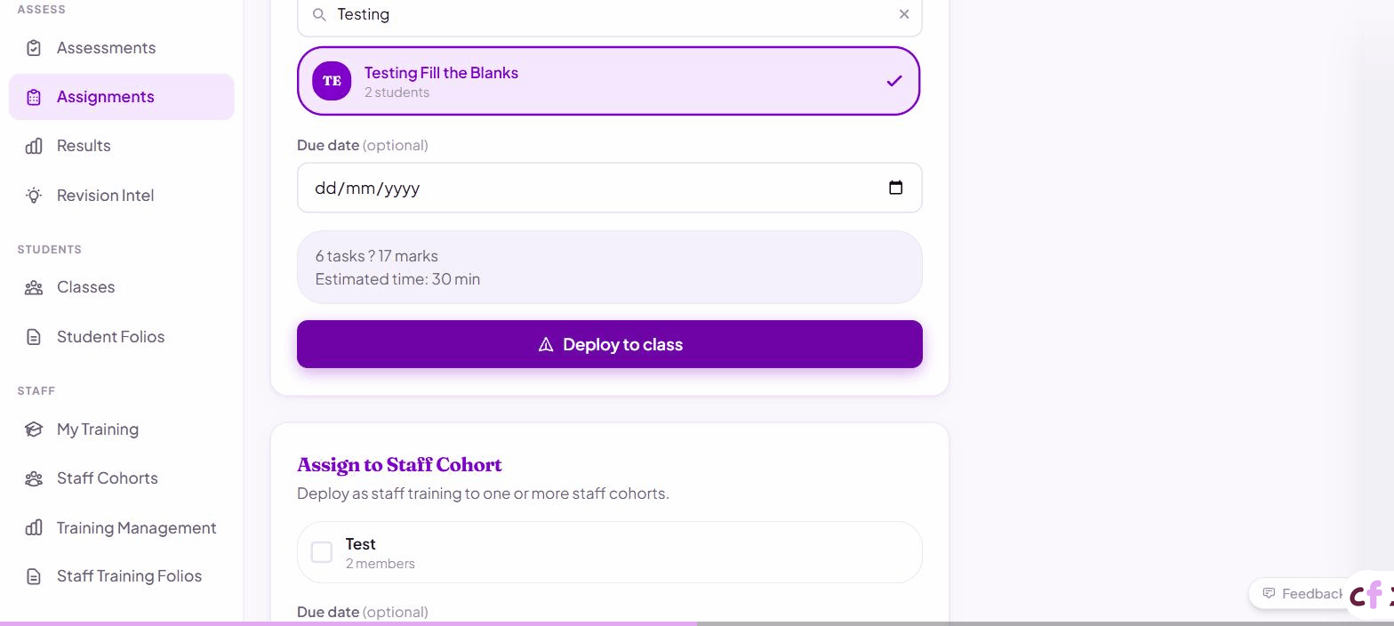 Screenshot of Classfolio's Deploy Assignment screen — deploys an assignment to one or more student classes or staff cohorts.