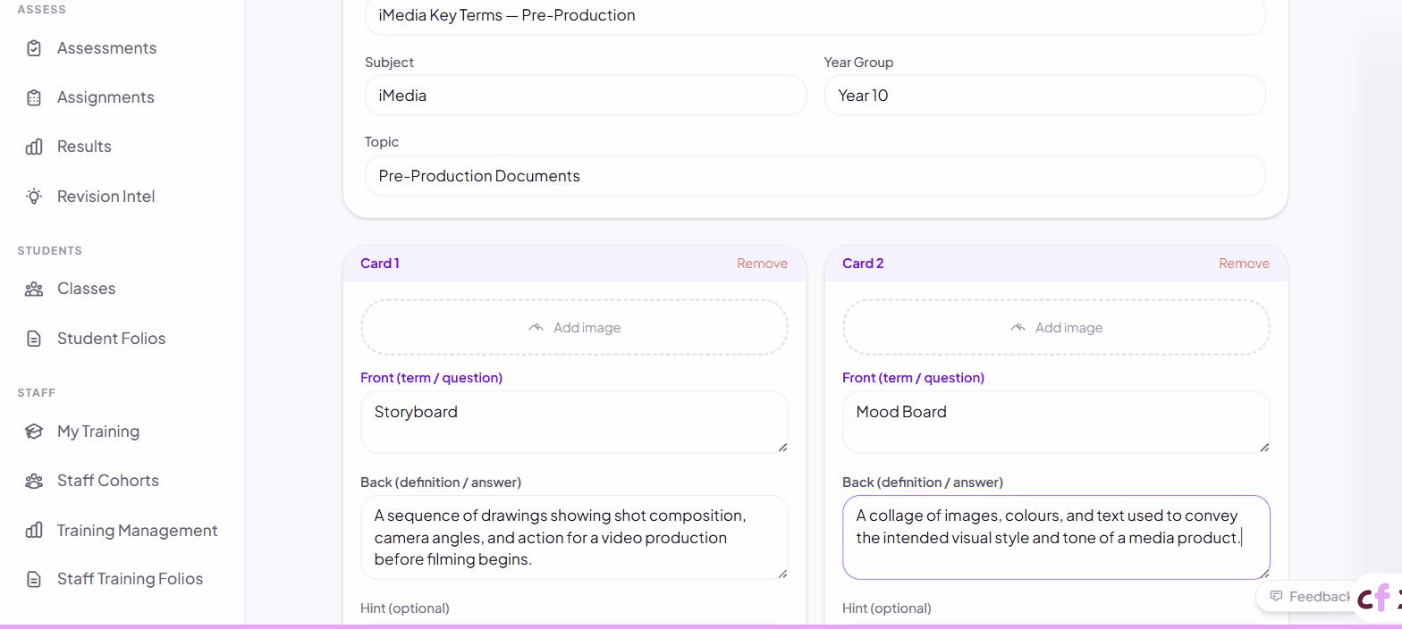 Screenshot of Classfolio's Flashcard Deck Editor screen — create and edit flashcard decks (front and back card pairs).