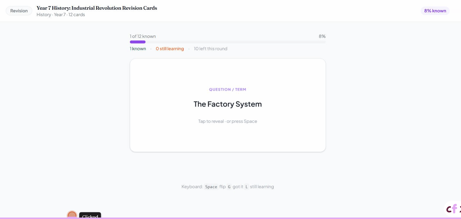 Screenshot of Classfolio's Flashcard Study screen — the student-facing flashcard player.