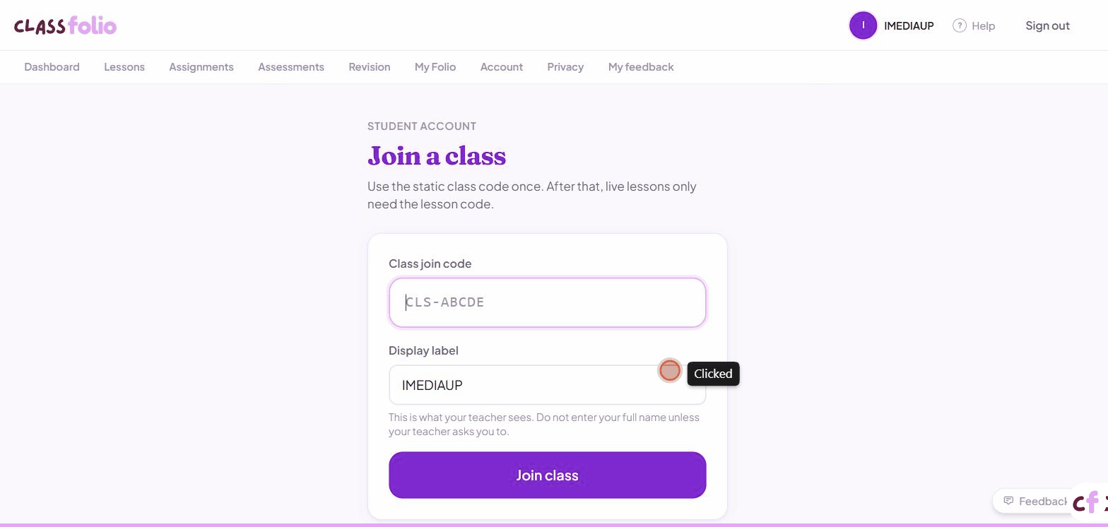 Screenshot of Classfolio's Join a Class screen — allows students to join a class using a 6-character code shared by their teacher.