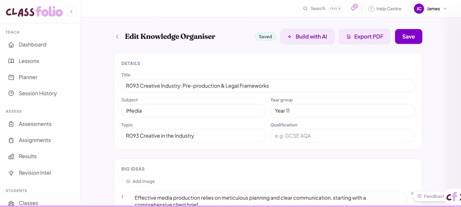 Screenshot of Classfolio's Knowledge Organiser Editor screen — AI-generated knowledge organiser editor with structured blocks: big ideas overview, vocabulary terms, key facts, process steps, misconceptions, exam tips, and retrieval questions.