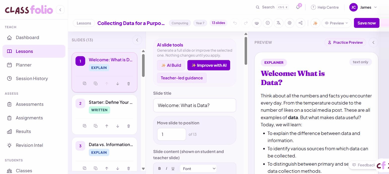 Screenshot of Classfolio's Lesson Builder screen — a full-featured drag-and-drop editor for building interactive lessons.