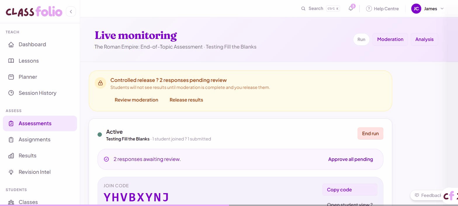 Screenshot of Classfolio's Live Assessment Dashboard screen — monitors an active assessment run in real time.