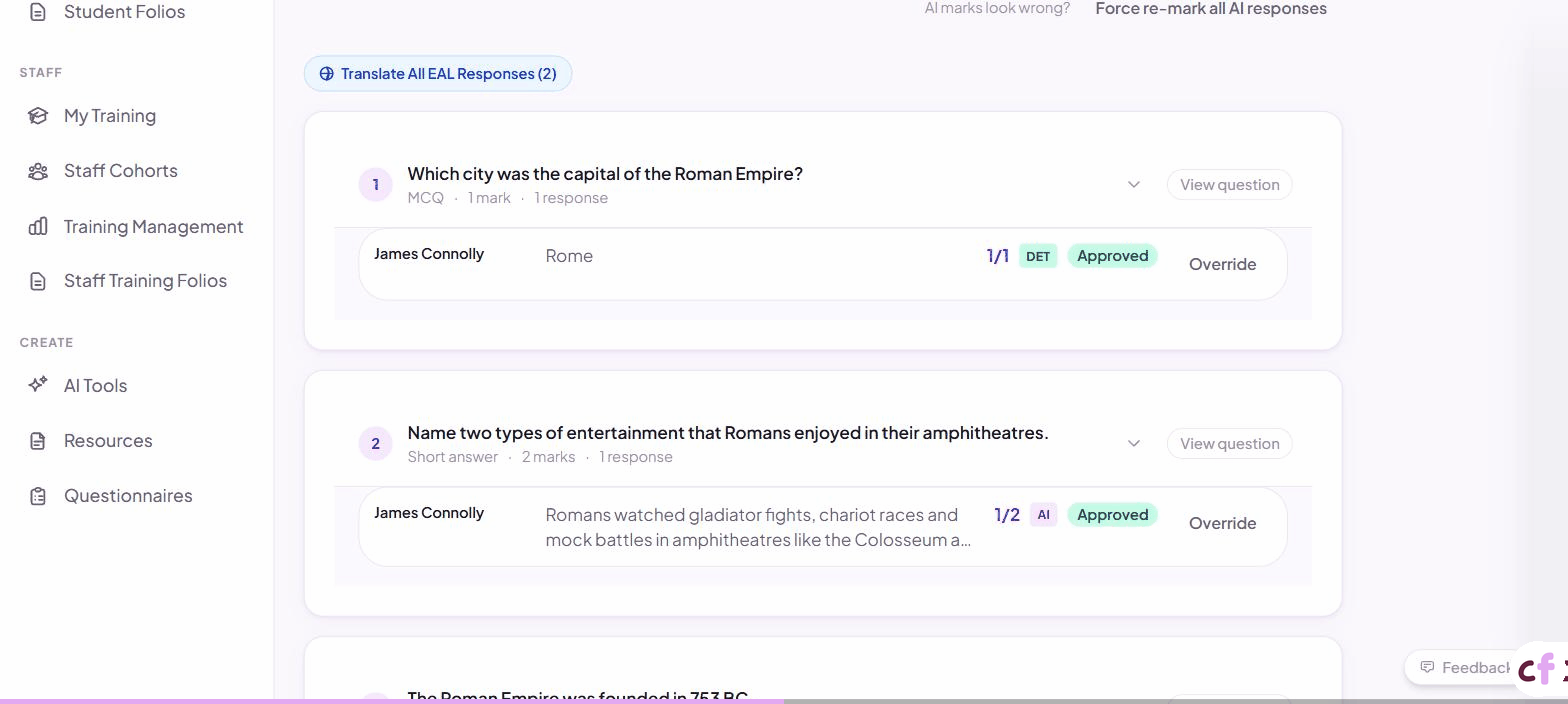 Screenshot of Classfolio's Mark Moderation screen — per-run moderation view showing each student's answers alongside AI marking results.