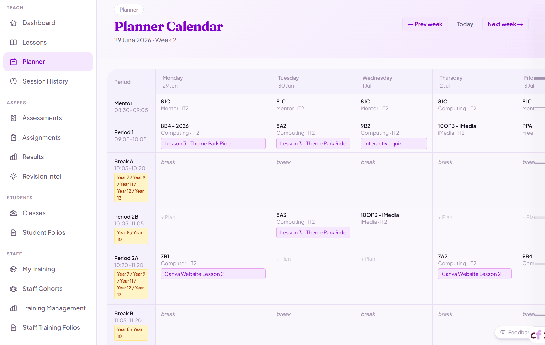 Screenshot of Classfolio's Planner Calendar screen — a month or week calendar view of your planned lessons and sessions.