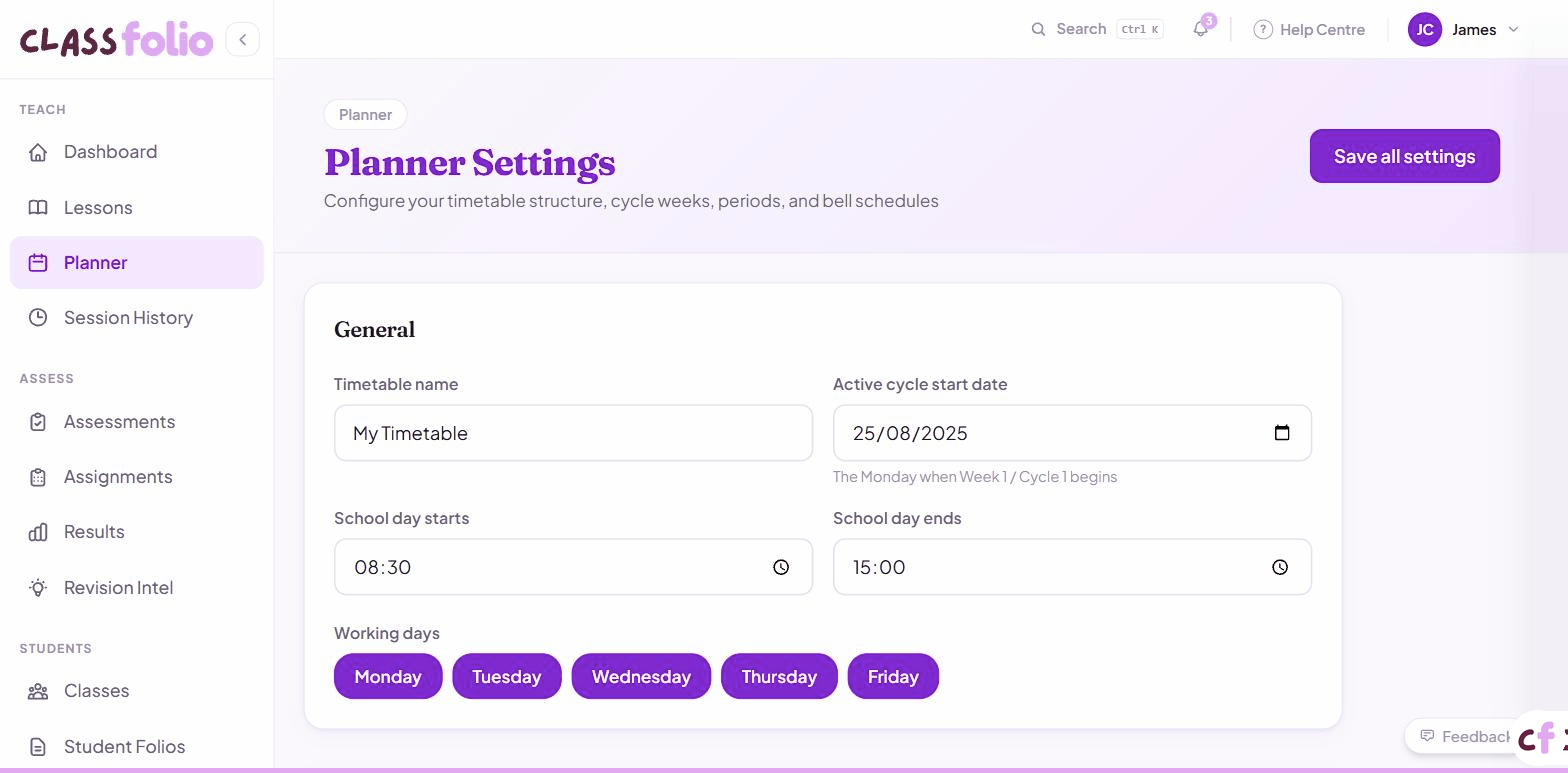 Screenshot of Classfolio's Timetable Settings screen — configure your timetable structure: which days you teach, period names, and period times.