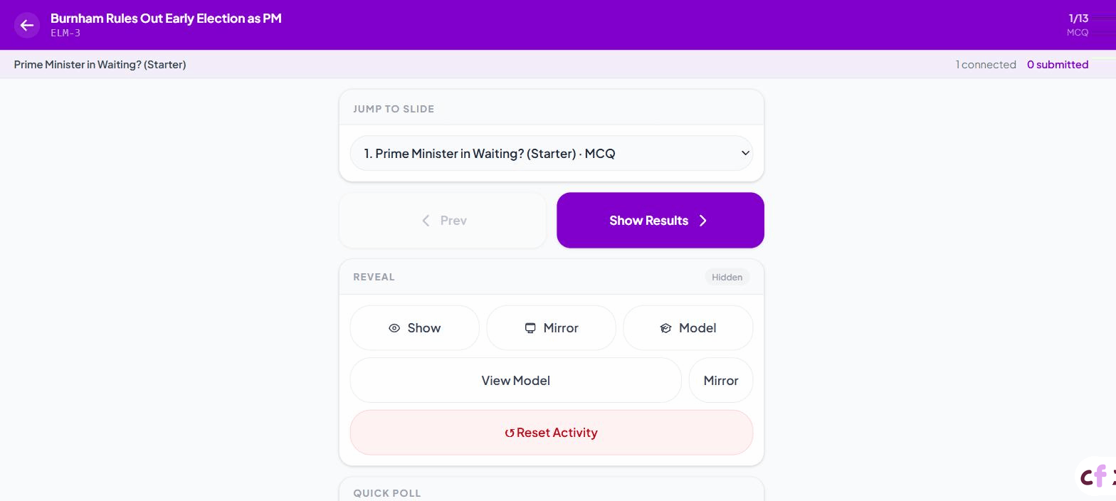 Screenshot of Classfolio's Remote Presenter screen — a mobile-optimised remote control for an active live session.