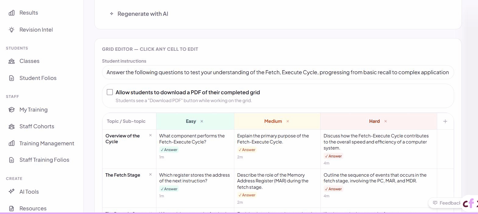 Screenshot of Classfolio's Retrieval Grid Editor screen — create and edit retrieval grids — a topic × difficulty matrix of questions.