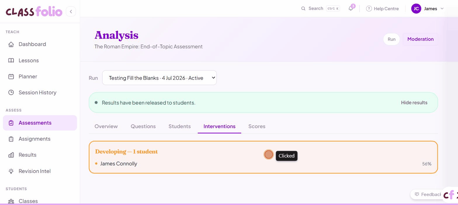 Screenshot of Classfolio's Revision Intel Dashboard screen — shows per-assessment revision intelligence cards: class average, students at risk (red/amber), and per-topic weak areas.