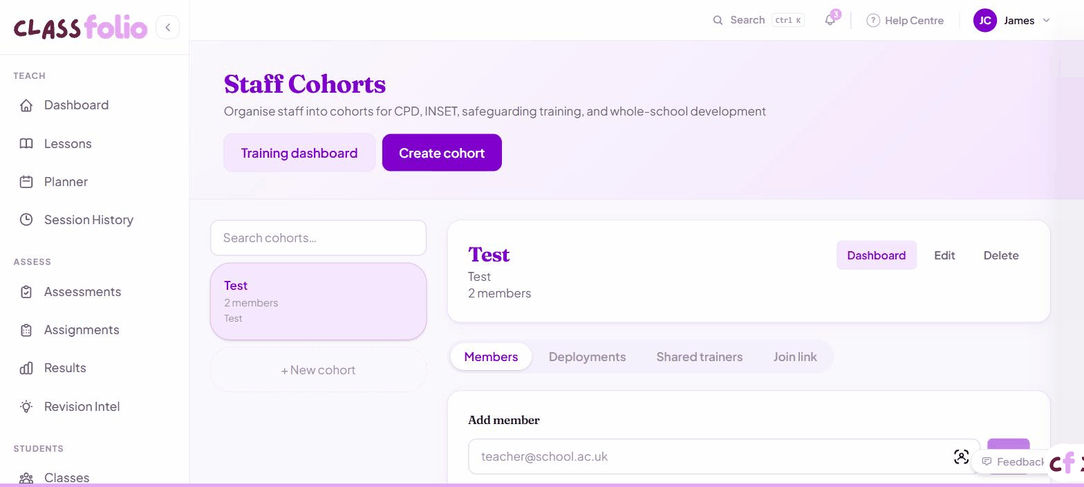 Screenshot of Classfolio's Staff CPD Cohorts screen — manage staff CPD cohorts.