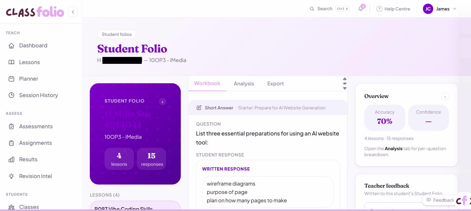 Screenshot of Classfolio's Student Folio Viewer screen — teacher view of an individual student's digital book.