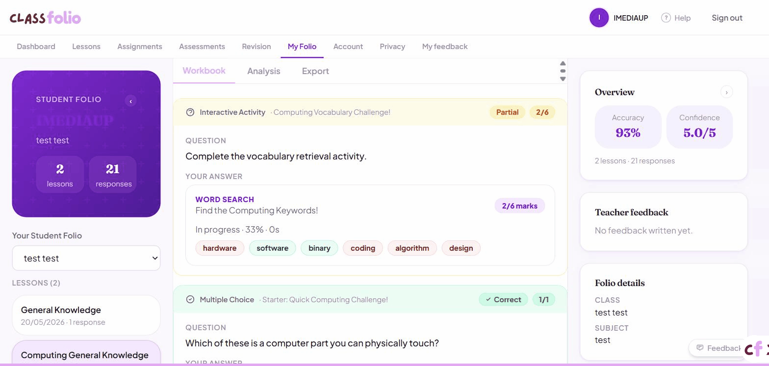 Screenshot of Classfolio's Student Folio screen — your personal digital portfolio.