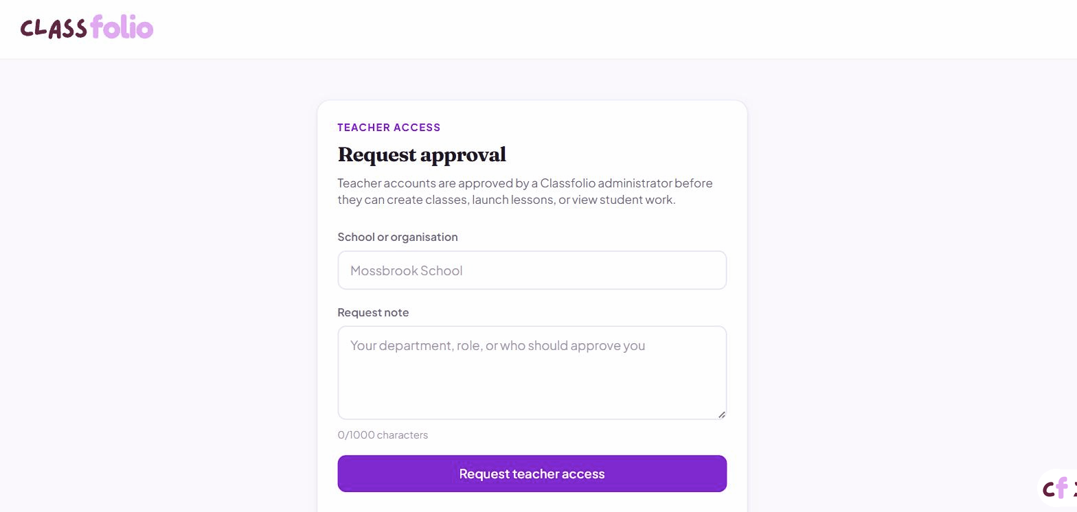 Screenshot of Classfolio's Teacher Access Request screen.