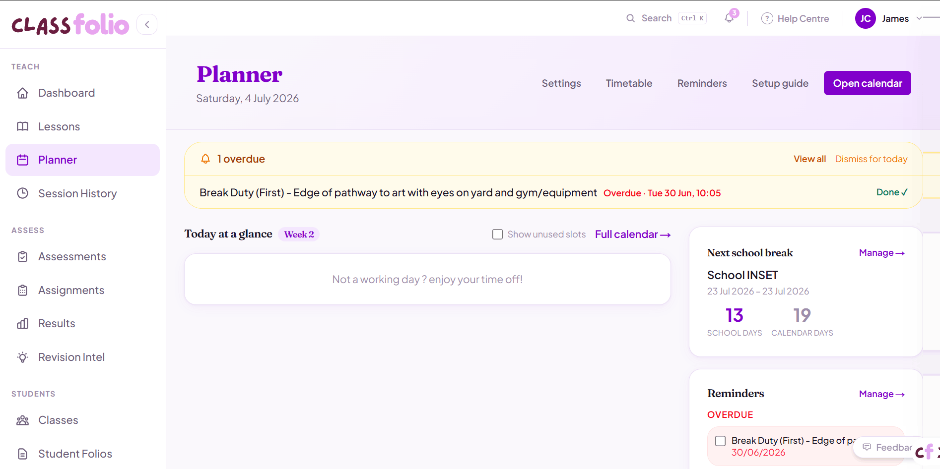 Screenshot of Classfolio's Teacher Planner screen — a weekly lesson planner that maps lessons to timetable slots.